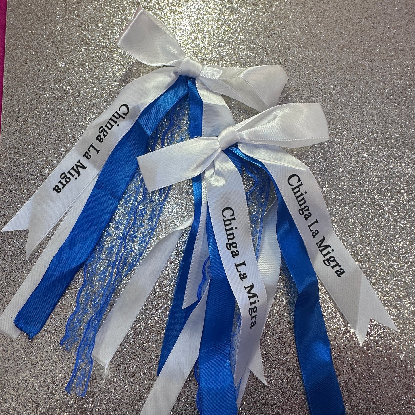 Blue & White Chinga La Migra Bows